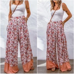 Boho Floral Print Pocket Wide Leg Palazzo Pants S M L XL